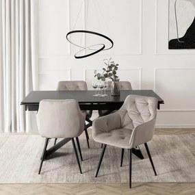 Zestaw Stół Prostokątny Rozkładany VICTOR 160-240 cm Czarny Marmur i 4 Krzesła MODESTO Szare Welurowe Nowoczesne