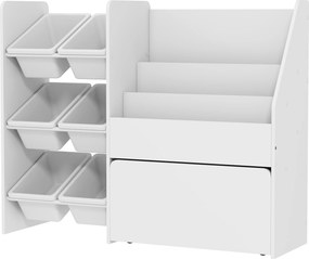 AIYAPLAY Regał na zabawki, regał do pokoju dziecięcego z 6 pojemnikami, półka na książki, rolowany pojemnik, 100 x 30 x 80 cm, MDF, stal, Biały