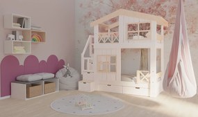Łóżko piętrowe domek Marulla 119P z oknami, schodkami i otwartym dachem