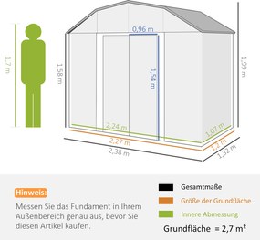 Outsunny Domek narzędziowy do ogrodu, odporny na warunki atmosferyczne, 2 okna, 2 drzwi, 238 x 132 x 198,5 cm, Ciemnoszary