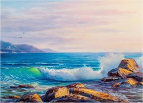 Obraz na szkle fal uderzających w klify, obraz olejny (70x50 cm)