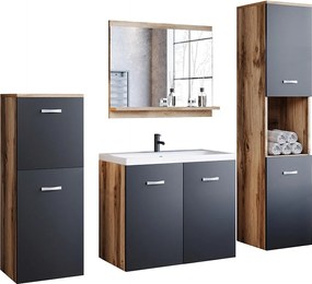 meble łazienkowe, zestaw wiszący do łazienki z umywalką, lustrem i 2 słupkami, korpus wotan fronty czarny mat