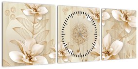 Obraz - Kompozycja złotych kwiatów (z zegarem) (90x30 cm)