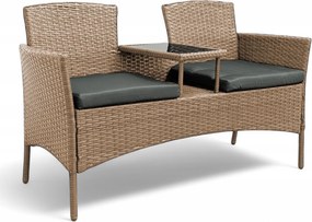 Meble ogrodowe Ratina, dwuosobowa sofa ze stolikiem, kolor naturalny, poduszki szare