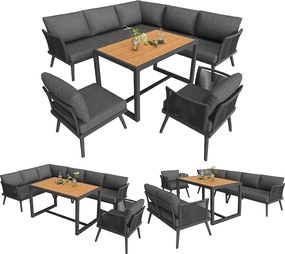 Zestaw mebli ogrodowych 7-osobowy - sofa z podłokietnikami plecionymi + stolik kawowy + fotel + poduszki - metalowy - szary