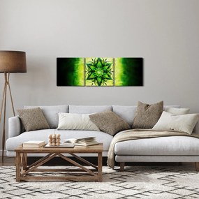 Obraz - Kwiatowa mandala na zielonym tle (z zegarem) (90x30 cm)