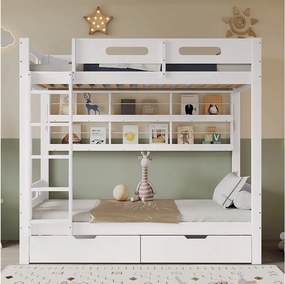 Łóżko piętrowe dla dzieci - 2 x 90 x 200 cm - z 2 szufladami + otwarta półka - sosna + MDF - biały