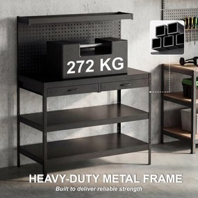 HOMCOM Stacja robocza z regulowanymi półkami, solidna stacja robocza z perforowaną płytą i 2 szufladami, 122 x 61 x 156 cm, Czarna | Aosom PL