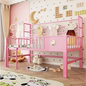 Łóżko dziecięce niskie piętrowe - 90 x 200 cm - z metalową ramą i schowkami - różowe