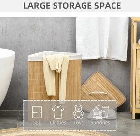 HOMCOM 55L Kosz na bieliznę z pokrywą, uchwytem, sorter prania z wymiennym workiem na pranie dla łazienki, bambus, naturalny