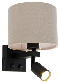 Lampa ścienna czarna z lampką do czytania i kloszem 18 cm w kolorze jasnobrązowym - Brescia Nowoczesny Oswietlenie wewnetrzne