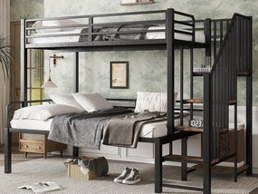 Łóżko piętrowe 90×200 cm + 120×200 cm - drabinka bezpieczeństwa z 4 stopniami - Metal + MDF - Czarny + Naturalny