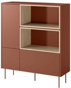 Komoda wysoka Desin 120 cm z wnękami, szufladą i metalowymi nogami - czerwony / ceramic red / dąb nagano
