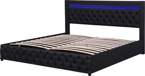 Łóżko z tapicerowanym zagłówkiem z ekoskóry z LED - 180x200cm - z stelażem na listwach - Czarny