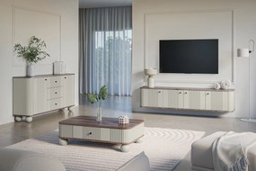 Komoda z szufladami Vesper 160 cm - kaszmir / orzech / czarne uchwyty / nogi kule