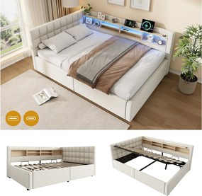 Łóżko z pojemnikiem 140 x 200 cm, z hydraulicznym schowkiem, półkami, regulowanym oświetleniem LED i portem USB - Len - Beżowy (Materac nie jest wliczony w cenę)