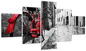 Obraz czerwonego roweru na brukowanej uliczce (125x70 cm)