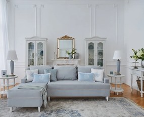 Narożnik rozkładany do salonu Notting Hill, z pojemnikami na pościel. Tkanina Matt Velvet odporna na wchłanianie płynów, kolor beżowy, błękitny, z kedrą.