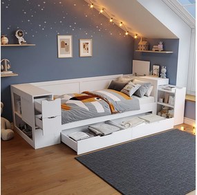 Łóżko dziecięce z pojemnikiem - 90 x 190 cm - sofa rozkładana z 3 szufladami - ze stolikami nocnymi - płyta MDF - białe