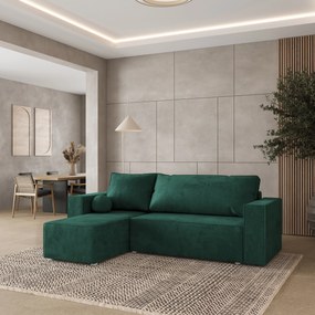 Masseno Narożnik RAVELO z funkcją spania i pojemnikiem na pościel Narozniki L, Rozkładana sofa - Butelkowa zieleń, MONOLITH 37