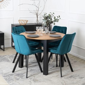 Zestaw Stół Okrągły Rozkładany HARRY 102-142 cm Dąb Craft/Czarny i 4 Krzesła Tapicerowane RICK Turkusowe Nowoczesne