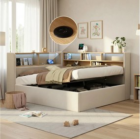 Łóżko dziecięce hydrauliczne ze schowkiem - 140 x 190 cm - sofa tapicerowana z funkcją spania i półką + LED + USB - welur - beż