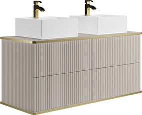 Wisząca szafka łazienkowa prążkowana i złotą obwódką z podwójną nablatową umywalką kwadratową - Beżowa - 120 cm - KELIZA