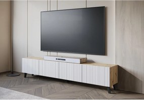 Nowoczesna szafka RTV 190 cm artisan na nóżkach do salonu, fronty MDF białe ryfle, 4 klapy