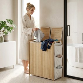 HOMCOM Bambusowy kosz na bieliznę z wyjmowanym workiem ze sznurkiem i bocznymi kieszeniami, 120L, naturalny | Aosom PL