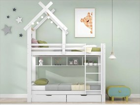 Łóżko piętrowe 2x90x200 cm z szufladami i półkami, rama sosnowa, stelaż listwowy w komplecie, białe