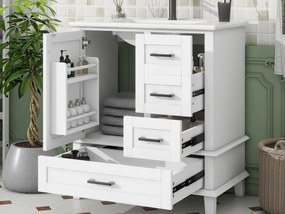 Meble łazienkowe na nogach - z ceramiczną umywalką - 1 drzwi i 3 szuflady - Biały (bateria nie jest dołączona)