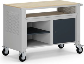 Mobilny stół warsztatowy G9, 2 półki, 1 szafka, 1180 x 595 x 865-1130 mm, szary/grafitowy
