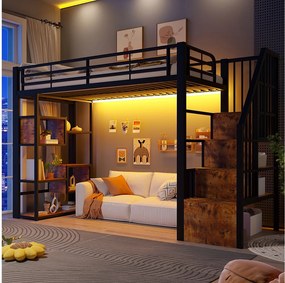 Łóżko piętrowe 90 x 200 cm ze schodkami do przechowywania, otwarte półki pod łóżkiem – Metal i płyta MDF – LED – Czarne (Materac nie jest wliczony w cenę)