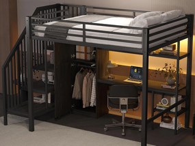 Łóżko mezzanine metalowe 140x200 cm - z biurkiem i szafą - schody z miejscem do przechowywania - z oświetleniem LED - Czarny