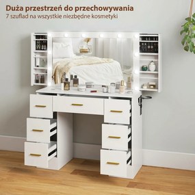 HOMCOM Toaletka z lustrem i 12 lampami LED, toaletka z 7 szufladami, 6 ukrytymi schowkami, płyta wiórowa, Biały