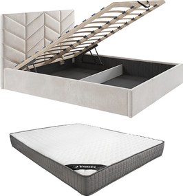 Łóżko ze skrzynią 180 x 200 cm - Tkanina teksturowana - Kremowy + Materac - JUSTANI