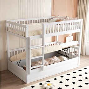 Łóżko piętrowe dla dzieci - 2 x 90 x 200 cm - z hydraulicznym schowkiem - Solidne i trwałe - Sosna + Sklejka + MDF - Białe