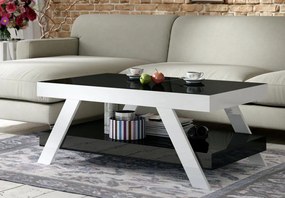 Nowoczesna ława do salonu z półką Megan 100x60 z czarnym blatem i białymi nogami