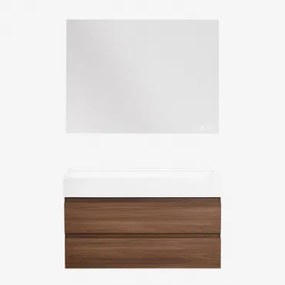 Zestaw Wiszących Mebli Łazienkowych Z Drewna I Forniru Jesionowego Zintegrowany Z Umywalką Ona Ciemna Czerń & - Sklum