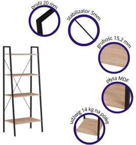 ALTE R2 regał czarny / dąb sonoma półki na książki LOFT