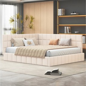 Łóżko tapicerowane 160 x 200 cm, Sofa z funkcją spania z wezgłowiem - Tkanina aksamitna - z listwowym stelażem - Beż