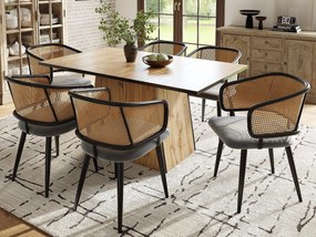 Komplet 6 krzeseł - Oparcie z rattanu i siedzisko z aksamitu - metalowe nogi - Czarny+Naturalny