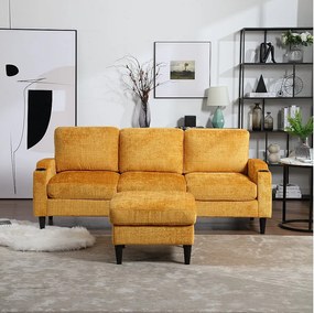 Żółta, 4-osobowa sofa modułowa Chenille z pufem ze schowkiem, uchwytami na kubki i kieszeniami bocznymi – do salonu