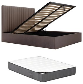 Łóżko ze skrzynią i pionowo przeszywanym zagłówkiem 140 x 190 cm - Sztruks - Taupe + Materac - SARAH