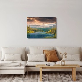 Obraz na szkle - górskia rzeka i góry (70x50 cm)