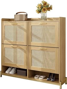 Drewniana szafka na buty z 4 drzwiami rattanowymi - 108,5 x 24 x 100 cm - rama metalowa - płyta MDF - naturalna
