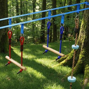 AIYAPLAY Ninja Line dla dzieci, zestaw 24 m Slackline z pierścieniami gimnastycznymi, 7 przeszkodami, mostem do balansowania, dla dzieci w wieku 3-6 lat, czerwony+niebieski | Aosom PL