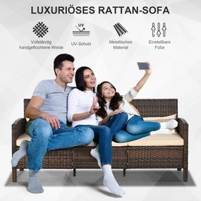 Outsunny Rattanowa sofa ogrodowa 3-osobowa do ogrodu z poduszkami stal kolor brązowy