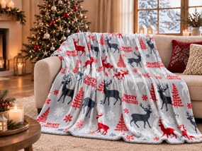 Świąteczny mikro pluszowy koc MERRY CHRISTMAS DEER szary Rozmiar: 200 x 220 cm