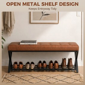 HOMCOM Ławka na buty, ławka do przedpokoju z ekoskórzaną poduszką, 112 x 37 x 47 cm, brązowa | Aosom PL